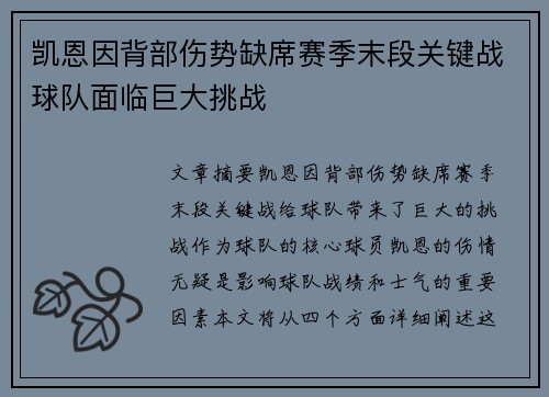 凯恩因背部伤势缺席赛季末段关键战球队面临巨大挑战