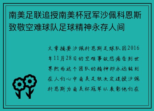 南美足联追授南美杯冠军沙佩科恩斯致敬空难球队足球精神永存人间 南美足联追授南美杯冠军沙佩科恩斯致敬空难球队足球精神永存人间